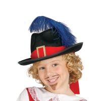 Sombrero de mosquetero con pluma azul infantil - 50 cm