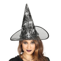 Sombrero de bruja negro con telarañas plateadas - 60 cm