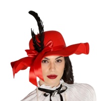Sombrero de pamela roja con pluma negra - 56 cm