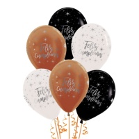 Globos de látex negro, transparente y cobre de Feliz Cumpleaños plateado de 30 cm - Sempertex - 12 unidades