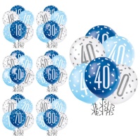 Globos de látex cumpleaños azul y blanco de 30 cm - Qualatex - 6 unidades