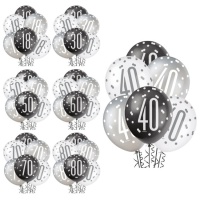 Globos de látex cumpleaños plata, negro y blanco de 30 cm - Qualatex - 6 unidades