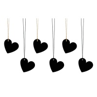Etiquetas de cartulina negra con forma de corazón con hilo - 6 unidades