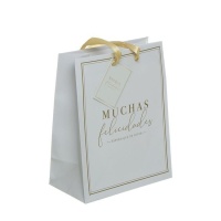 Bolsa regalo de 23 x 18 x 10 cm de Muchas Felicidades blanca con mensaje - 1 unidad