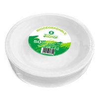 Platos de 22 cm redondos de caña de azúcar biodegradable blanco - 50 unidades