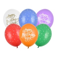 Globos de látex multicolor de Happy Birthday con estrellas de 30 cm - PartyDeco - 6 unidades