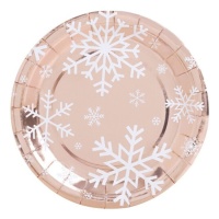 Platos rosa dorado metalizado con copos de nieve de 18 cm - 8 unidades