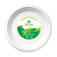 Platos de 16 cm redondos de caña de azúcar biodegradable blanco- 12 unidades