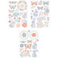 Pegatinas de Pascua mariposas, flores y conejos - 3 láminas