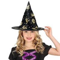 Sombrero de bruja negro con estampado dorado infantil - 38 cm