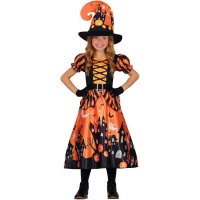 Disfraz de bruja de castillo encantado naranja para niña