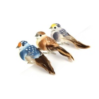 Set de pájaros decorados naturales medianos con pinza - 3 unidades