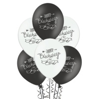 Globos de látex negro y blanco pastel de Happy Birthday de 30 cm - PartyDeco - 6 unidades