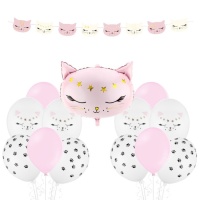 Pack de decoración para fiesta de gato rosa - 14 piezas