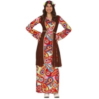 Disfraz de hippie multicolor largo con chaleco para mujer