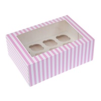 Caja para 12 mini cupcakes a rayas rosa y blanca de 22,9 x 16,5 x 9 cm - House of Marie - 2 unidades
