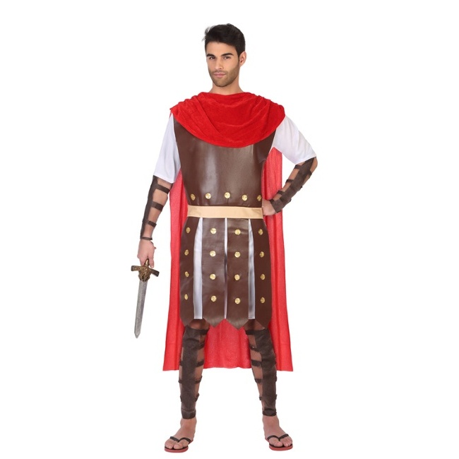 Vista delantera del disfraz de gladiador romano en stock