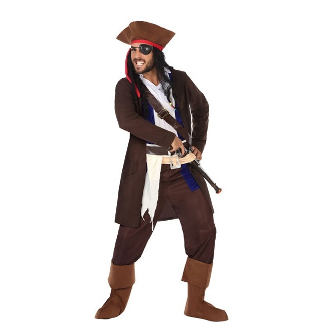 Vista frontal del disfraz de pirata del caribe disponible también en talla XL