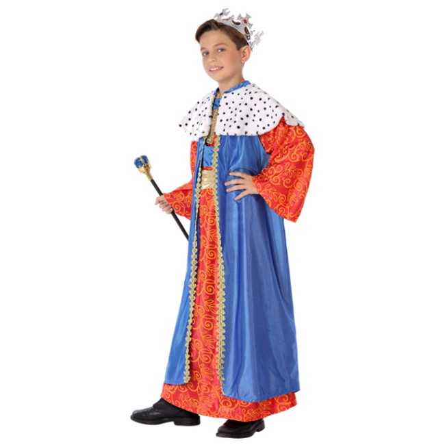 Vista frontal del disfraz de Rey Mago 3 colores infantil en tallas 3 a 12 años - azul