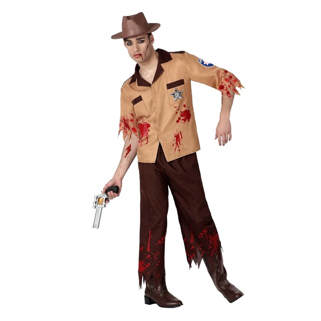 Vista delantera del disfraz de Sheriff zombie disponible también en talla XL