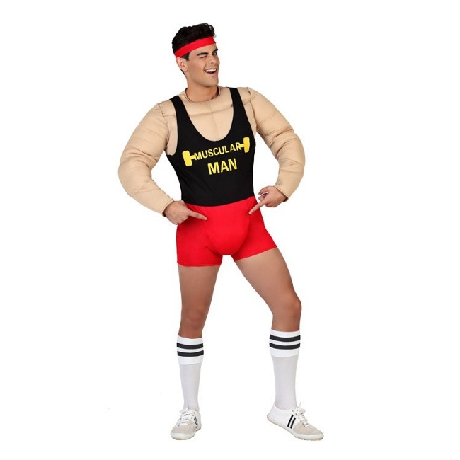 Vista principal del disfraz de hombre musculoso de gimnasio disponible también en talla XL