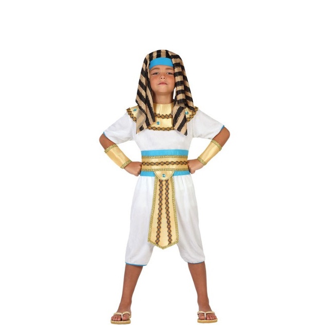 Vista frontal del disfraz de faraón egipcio dorado y azul en tallas 3 a 12 años