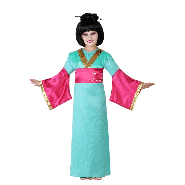 Vista delantera del disfraz de geisha infantil en tallas 3 a 12 años