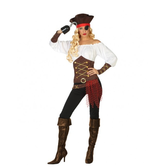 Vista frontal del disfraz de pirata con pantalón disponible también en talla XL