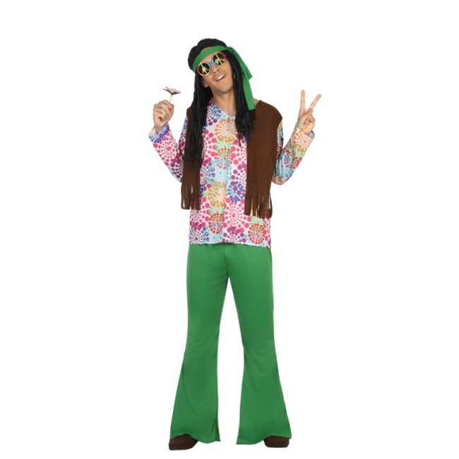 Vista delantera del disfraz de hippie años 70 psicodélico en stock