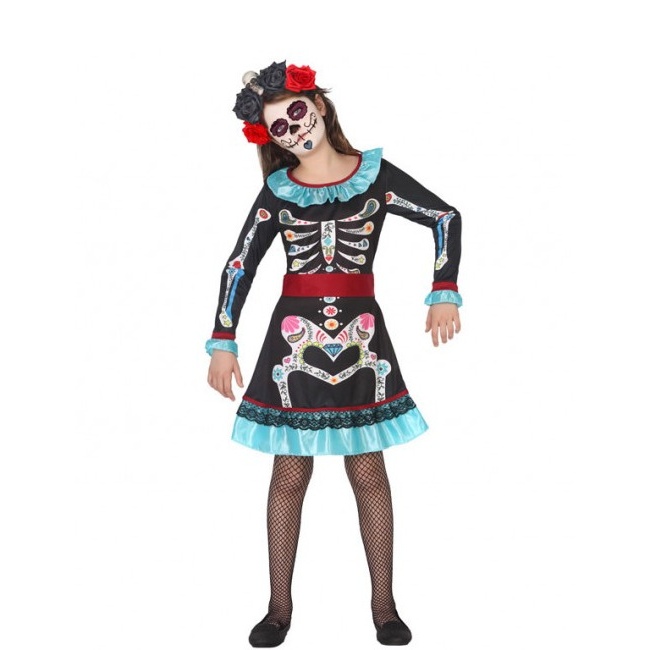Vista delantera del disfraz de esqueleto Catrina mejicana en tallas 3 a 12 años