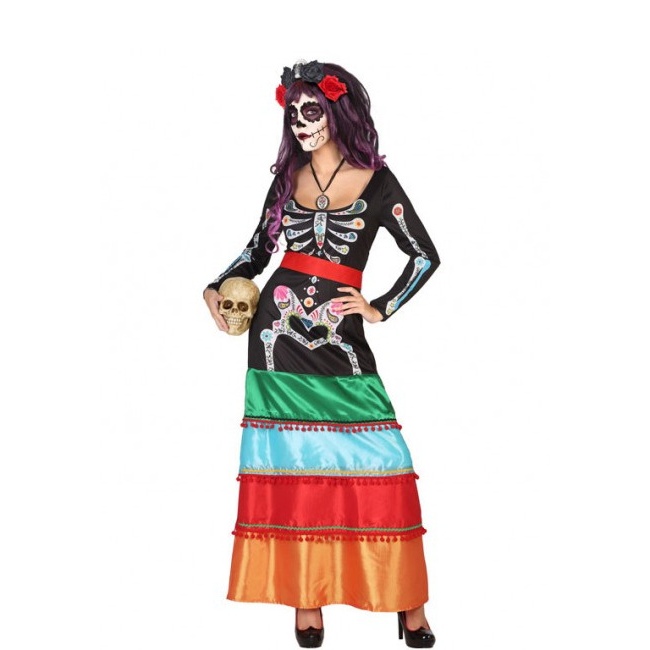 Vista delantera del disfraz de esqueleto Catrina mejicana disponible también en talla XL