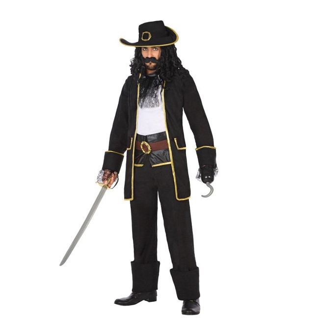 Vista delantera del disfraz de pirata negro disponible también en talla XL