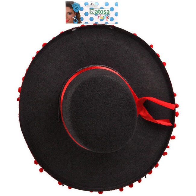 Foto detallada de sombrero cordobés con borlas rojas