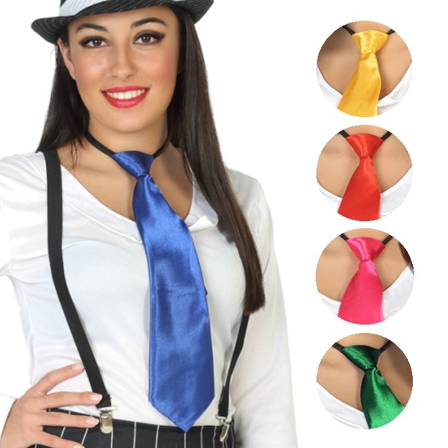 Vista frontal del corbata lisa satinada en color amarillo, azul, rojo, rosa y verde
