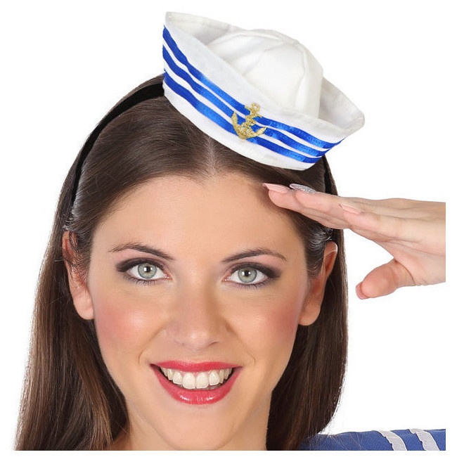 Vista frontal del sombrero mini blanco y azul de marinera en stock