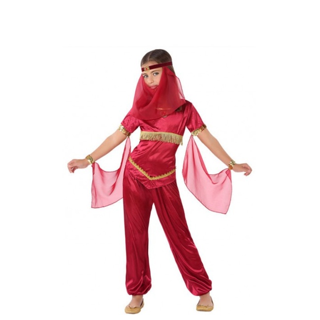 Vista frontal del disfraz de bailarina árabe rojo en tallas 3 a 12 años
