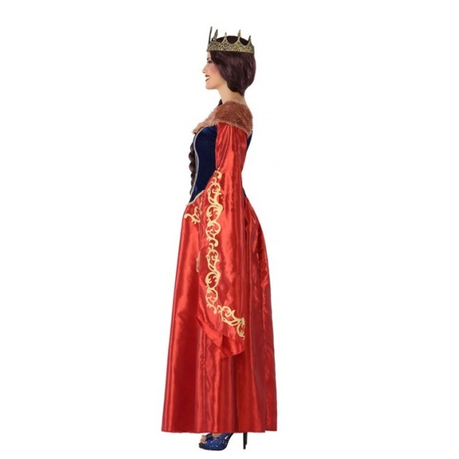 Foto lateral/trasera del modelo de reina medieval rojo y azul 