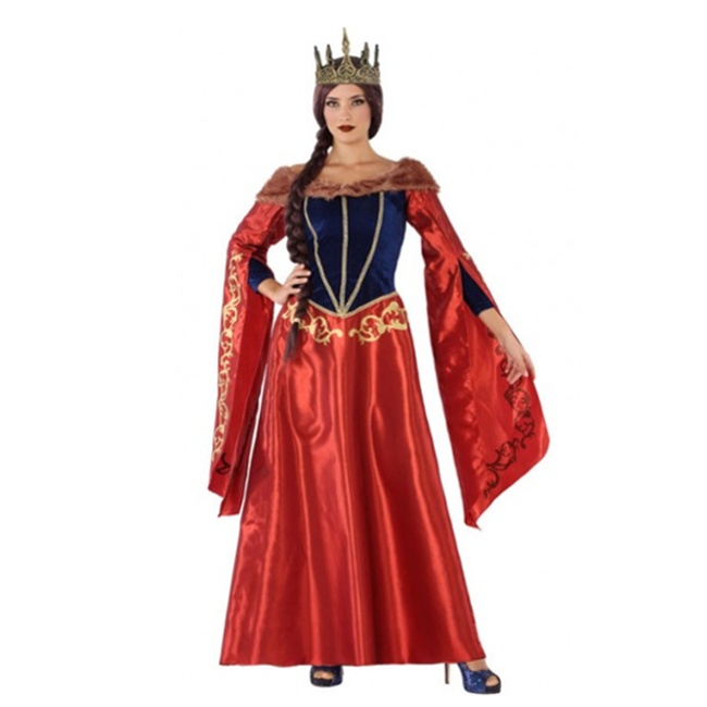 Vista frontal del disfraz de reina medieval rojo y azul  disponible también en talla XL