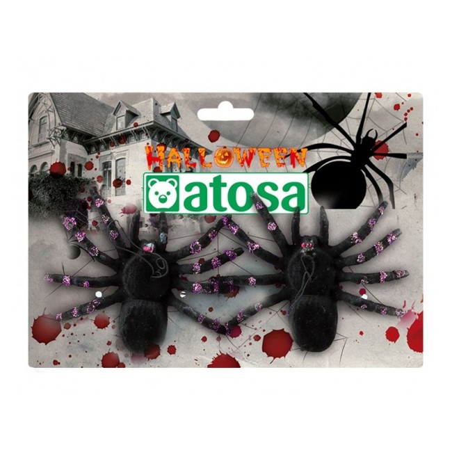 Foto detallada de set de 2 arañas negras con purpurina lila - 8 x 12 cm