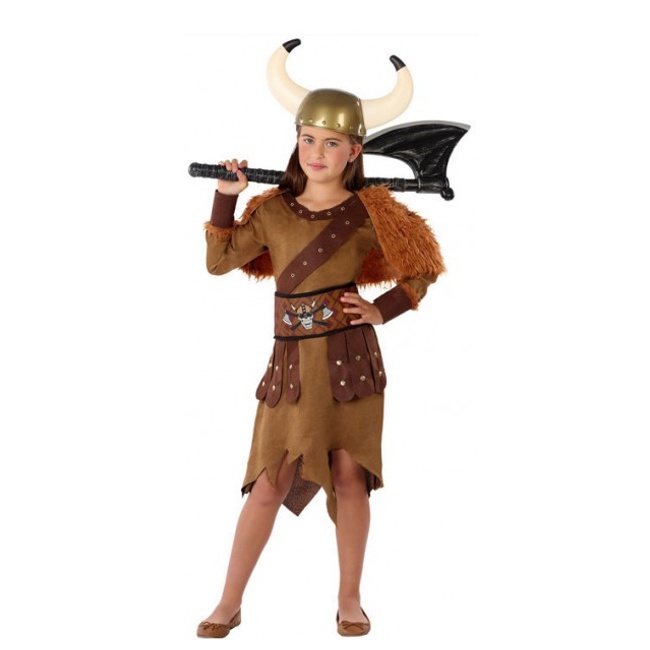 Vista delantera del disfraz de vikingo nórdico marrón en tallas 3 a 12 años