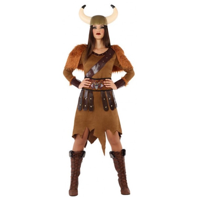 Vista principal del disfraz de vikingo nórdico marrón disponible también en talla XL