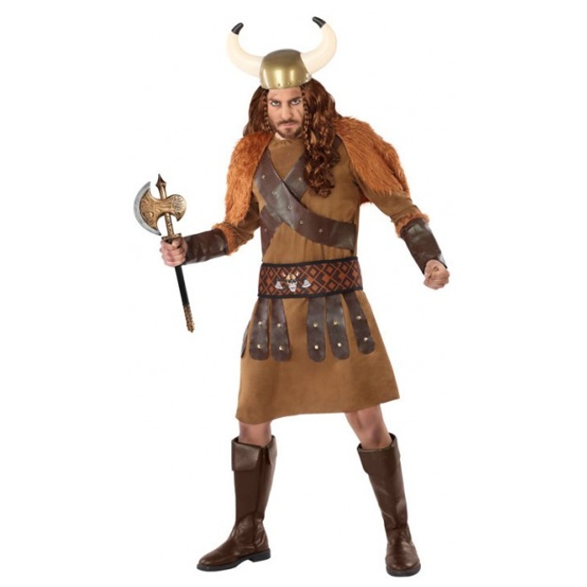Vista frontal del disfraz de vikingo nórdico marrón disponible también en talla XL