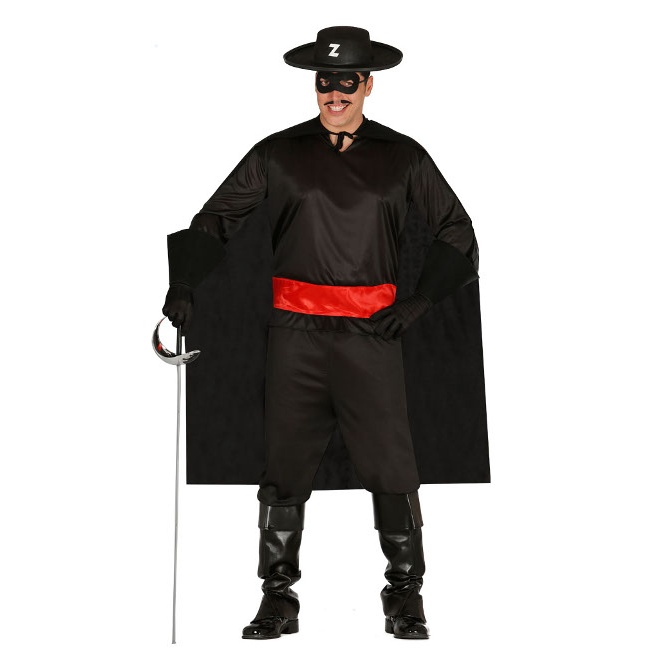 Vista frontal del disfraz de El Zorro con capa en stock