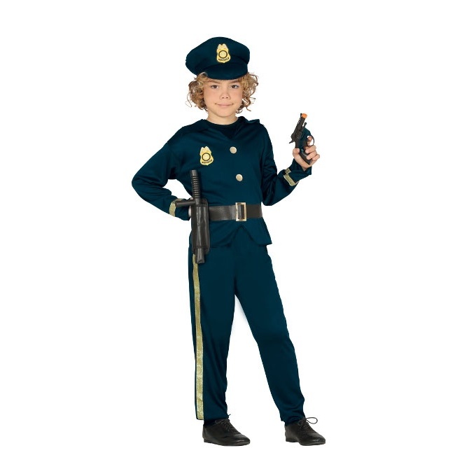 Vista frontal del disfraz de policía con gorro en tallas 5 a 12 años