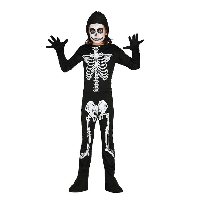 Vista delantera del disfraz de esqueleto en tallas 5 a 12 años