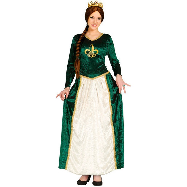 Vista frontal del disfraz de dama medieval verde Fiona en stock