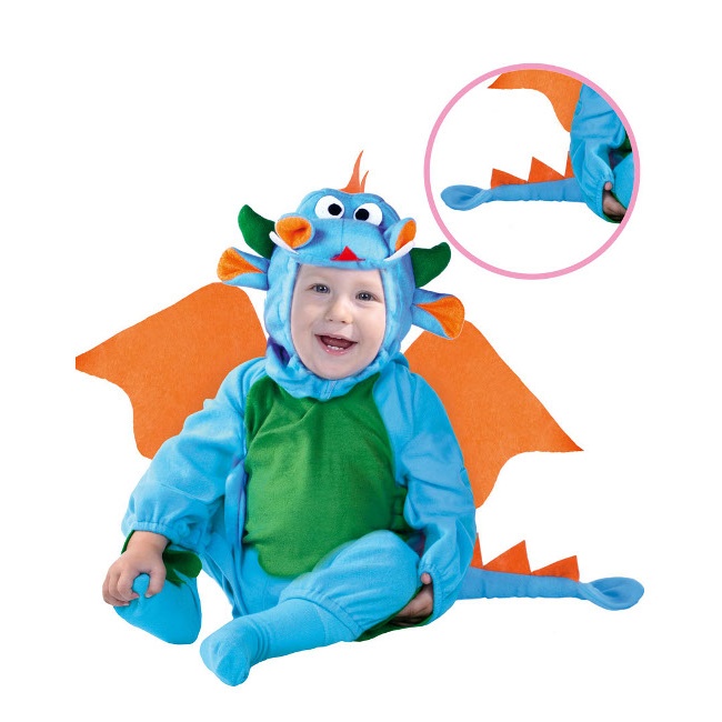 Vista delantera del disfraz de dragón azul en tallas 12 a 24 meses