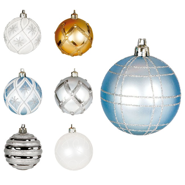Vista delantera del bolas de Navidad diseños surtidos de 6 cm - 6 unidades en color azul claro, azul con estrellas, blanco, blanco con estrellas, blanco y plateado, dorado y plateado