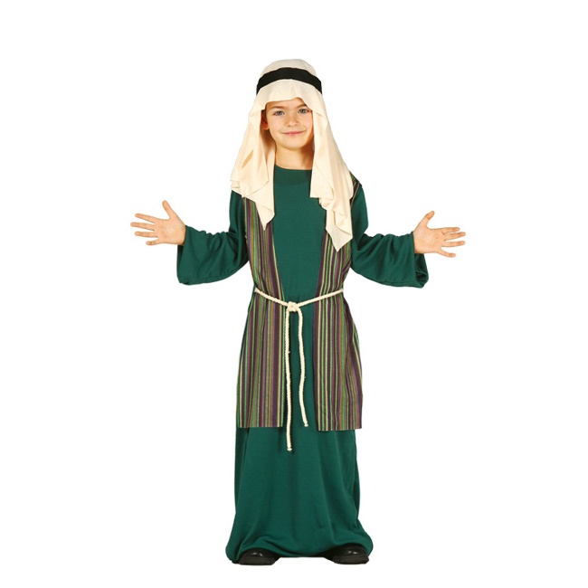 Vista delantera del disfraz de hebreo con pañuelo verde en tallas 3 a 12 años