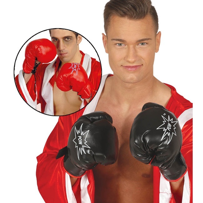 Vista delantera del guantes de boxeo en color negro y rojo